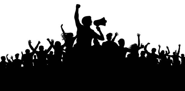 Crowd of people silhouette vector. Speaker, loudspeaker, orator, spokesman. Applause of a cheerful people mob. Sports fans. Demonstration, protest. Meeting of people - Vector, Image