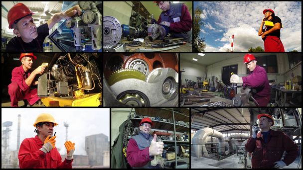 Colagem feita de fotos com trabalhadores industriais em várias situações
 - Foto, Imagem