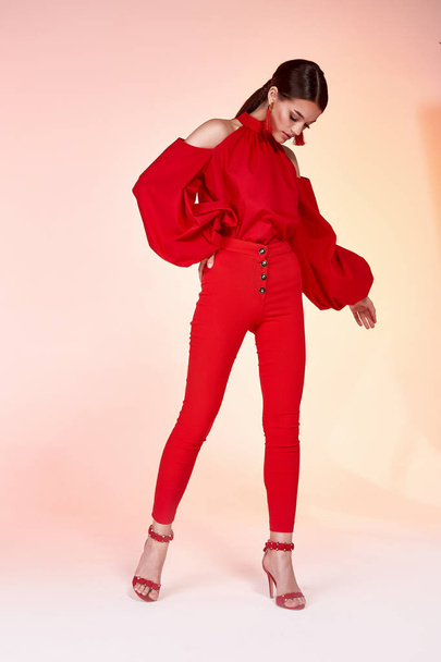 Pretty beautiful sexy elegance woman fashion model glamor pose wear red color trousers silk blouse clothes for party summer collection makeup hair style brunette success accessory bag jewelry studio. - Foto, Imagen