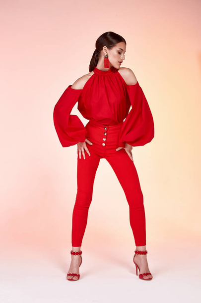 Pretty beautiful sexy elegance woman fashion model glamor pose wear red color trousers silk blouse clothes for party summer collection makeup hair style brunette success accessory bag jewelry studio. - Foto, afbeelding