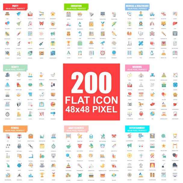 Simple set of vector flat icons. Contains such Icons as Party, Camping, Medical, Beauty, Wedding, Fitness and Sports, Baby Elements, Entertainment. Flat pictogram pack. 48x48 Pixel Perfect. - Vector, Image