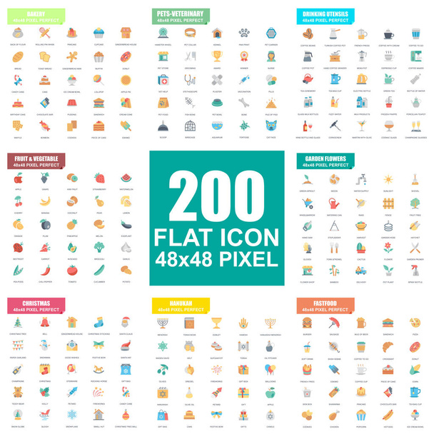 Simple set of vector flat icons. Contains such Icons as Bakery, Pets, Veterinary, Drinking, Fruit and Vegetable, Garden Flowers, Fastfood, Hanukah. Flat pictogram pack. 48x48 Pixel Perfect. - Vector, Image