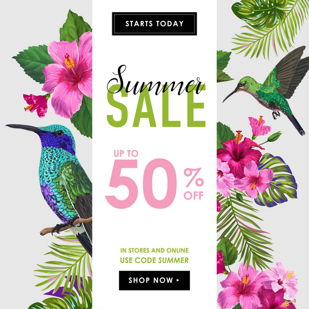 Summer Sale Banner with Tropical Flowers and Humming Birds. Floral Template for Promo, Discount Flyer, Voucher, Advertising. Vector illustration - Vetor, Imagem