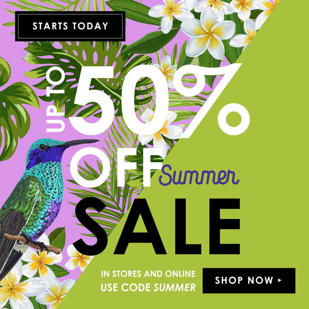 Summer Sale Banner with Tropical Flowers, Palm Leaves and Humming Birds. Floral Template for Promo, Discount Flyer, Voucher, Advertising. Vector illustration - Вектор,изображение