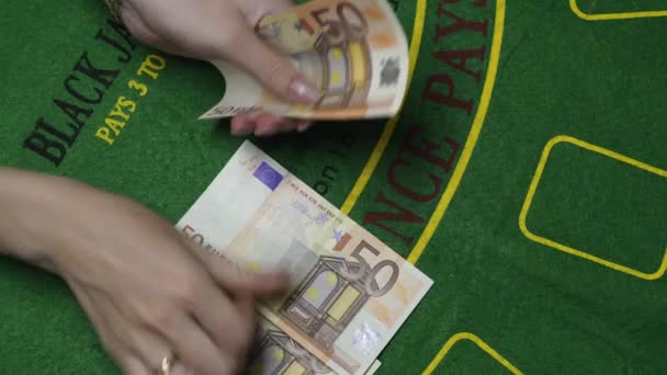 Dealer Counting Money Euro Cash In Casino, Background Close Up - Felvétel, videó