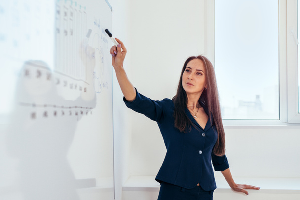 Business woman pointing to a whiteboard showing presentation - Fotoğraf, Görsel