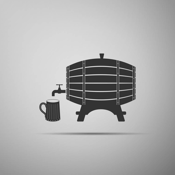 Houten vat op rek met afsluiter en houten bier mok icon geïsoleerd op een grijze achtergrond. Platte ontwerp. Vectorillustratie - Vector, afbeelding