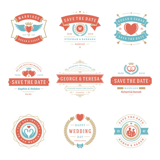 Wedding logos and badges vector and design elements set. Vintage typography titles for save the date invitations cards, decoration ornaments and symbols. - Vetor, Imagem