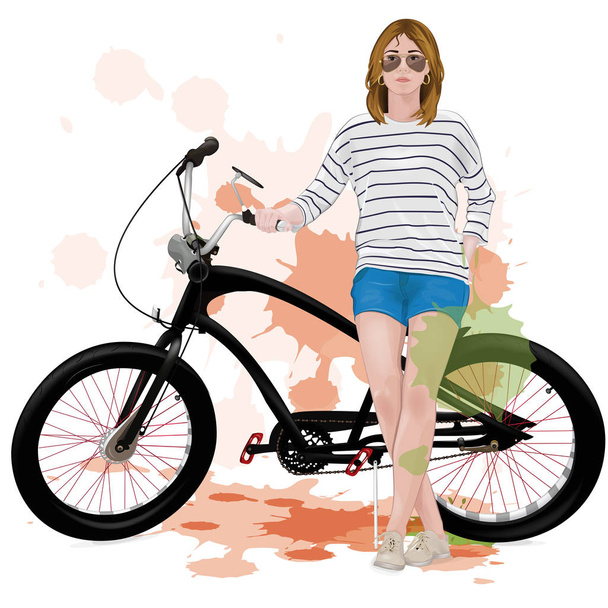 meisje met een fiets. meisje in een gestreepte T-shirt, een meisje in korte broek. Het meisje in de glazen. Vectorillustratie - Vector, afbeelding