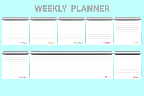 Weekly schedule with a white cards with metal upper edge and the color sign of the day ready for your text and notes.  - Vector, Image