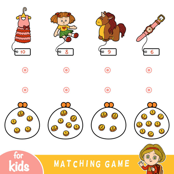 Matching education game for children. Count the coins and choose a toy by the price. Set of girls objects (doll, unicorn, watch and dress) - Vector, Image