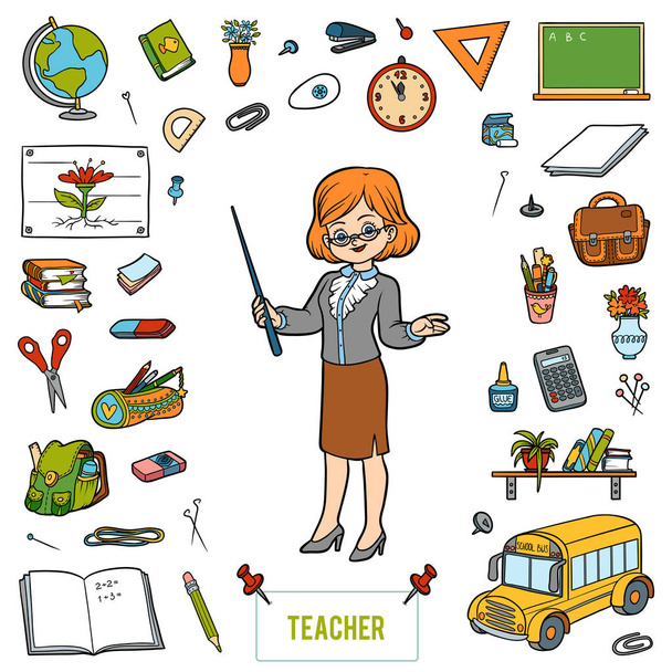 Векторный красочный набор с учителями и мультфильмами из школы
 - Вектор,изображение