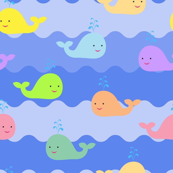 Seamless pattern with cute multi-colored colorful whales on a white background. Suitable for the design of products for children and design of children's rooms. - Vector, afbeelding