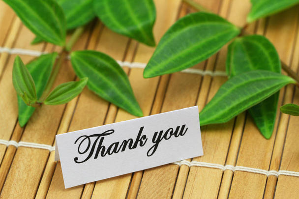 Teşekkür kartı bambu hasır üzerinde yeşil yaprakları ile - Fotoğraf, Görsel