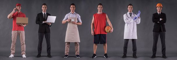 Six full-length images of handsome young man as delivery worker, businessman, barista, basketball player, doctor and architect, all looking at camera and smiling, on gray background - Photo, Image