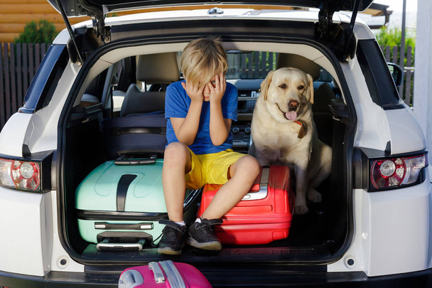 Poika lataa monivärisiä matkalaukkuja auton takakonttiin. Poika istuu auton takakontissa labradorin ja matkalaukkujen kanssa.
. - Valokuva, kuva