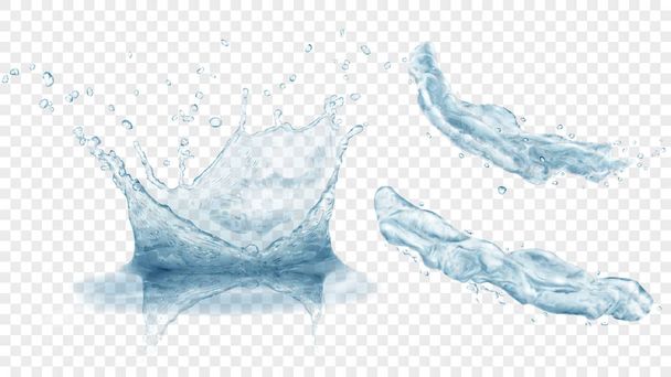 Conjunto de coroa de água translúcida com gotas e dois salpicos ou jatos em cores cinza, isolado em fundo transparente. Transparência apenas em formato vetorial
 - Vetor, Imagem