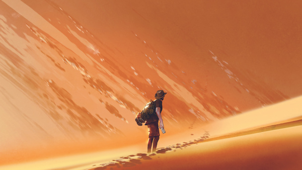 砂砂漠、デジタル アートのスタイル、絵画の図の上を歩く男性ハイカー - 写真・画像