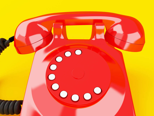 3d renderer image. Old red phone on yellow background. Communication concept. - Foto, afbeelding