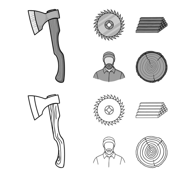 Circular saw, a working carpenter, a stack of logs. A sawmill and timber set collection icons in outline,monochrome style vector symbol stock illustration web. - Vector, Image