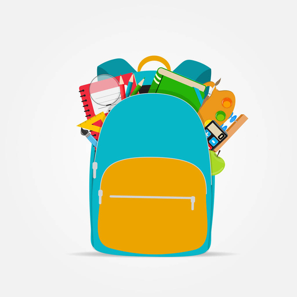 Bolsa, icono de la mochila con accesorios de la escuela. Ilustración vectorial
 - Vector, imagen