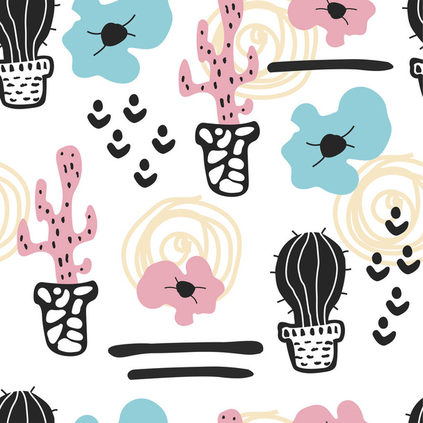 Seamless pattern with cute flowers and cactus in scandinavian design. For kids,nursery,wrapping or textile. Handdrawn style. - Vektori, kuva