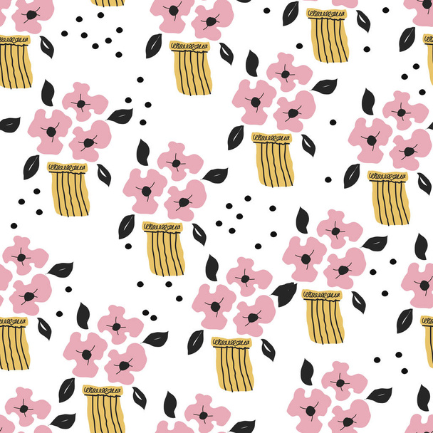 Seamless pattern with cute flowers and decorative elements in scandinavian design. For kids,nursery,wrapping or textile. Handdrawn style. - Вектор, зображення
