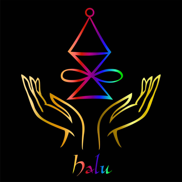 karuna reiki. Energieheilung. Alternativmedizin. Halu-Symbol. spirituelle Praxis. esoterik.open palm. Regenbogenfarbe. Vektor - Vektor, Bild