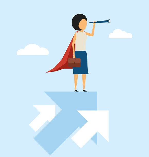 Business concept. In a simple style. The woman in the red cloak. Standing on the arrow looking through the telescope.  In flat style on blue background. - Vector, Image