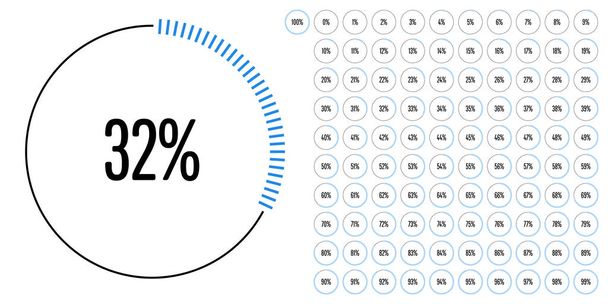 Σύνολο κύκλου διαγράμματα ποσοστό από 0 να 100 έτοιμα-προς-χρήση για σχεδιασμό ιστοσελίδων, περιβάλλον εργασίας χρήστη (Ui) ή infographic - ένδειξη με μπλε - Διάνυσμα, εικόνα