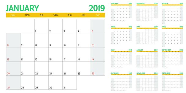 Kalendarz terminarz 2019 szablon wektor ilustracja cały tydzień 12 miesięcy rozpoczyna się w niedzielę i wskazać weekendy soboty i niedziele - Wektor, obraz