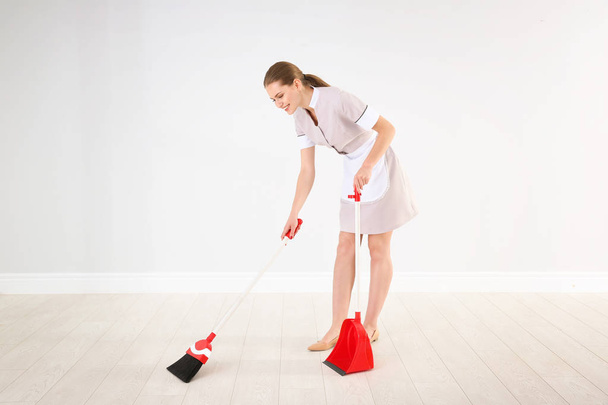 Young chambermaid with broom and dustpan  indoors - Фото, зображення