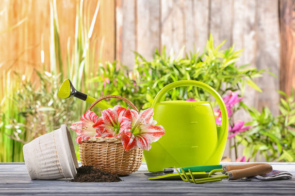 Flores com equipamento de jardinagem em mesa de madeira
 - Foto, Imagem