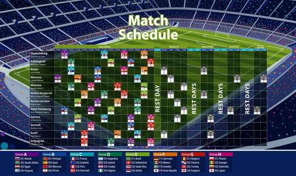 Chart showing Russia soccer tournament calendar. Schedule table with the date of each soccer match and the name of the city and the arena on colorful stadium full of people background. Vector image - Vector, Image