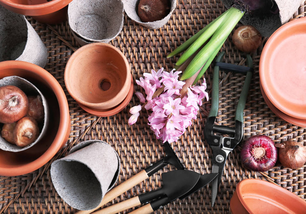 Herramientas de jardinería con macetas en estera de mimbre
 - Foto, Imagen