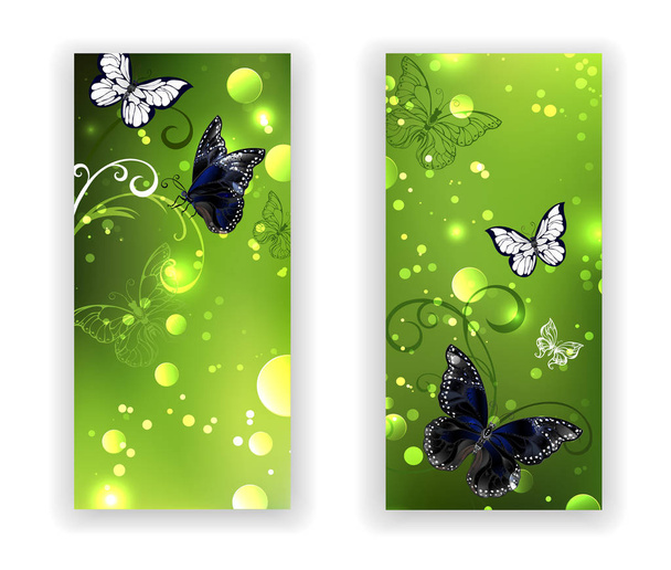 Two rectangular banner with black butterflies on green glowing background. Greenery. Design with butterflies - Vektori, kuva