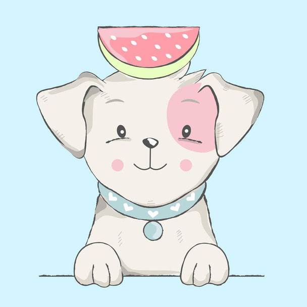 cute baby dog with watermelon cartoon  for t-shirt, print, product, flyer ,patch, fabric, textile,tile,card, greeting  fashion,baby, kid, shower, powder,soap, hand drawn style. vector illustration - Vector, imagen