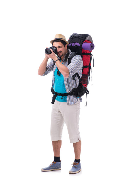 Beyaz arka plan üzerinde izole kamera ile Backpacker - Fotoğraf, Görsel