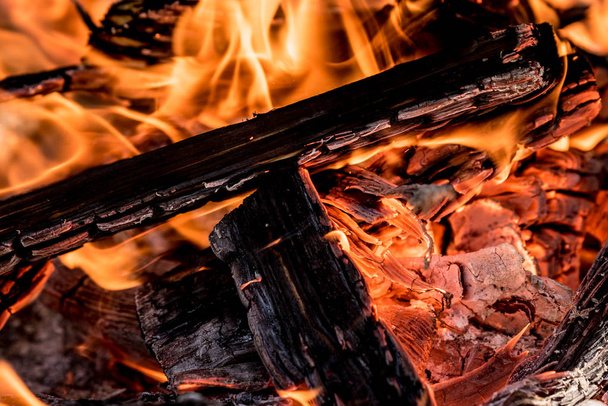 Brennendes Holz im Fokus sieht von vorne aus - Foto, Bild