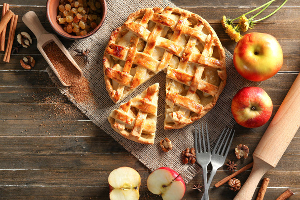 Composition with tasty apple pie on table - Φωτογραφία, εικόνα