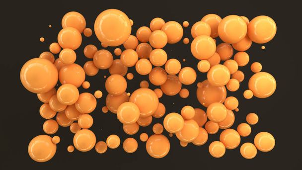 Orange spheres of random size on black background. Abstract background with circles. Cloud of circles in front of wall. 3D rendering illustration - Foto, Imagen