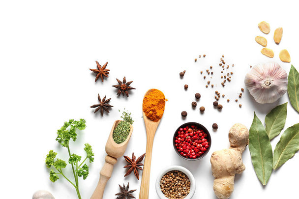Composition with various spices on white background - Photo, Image