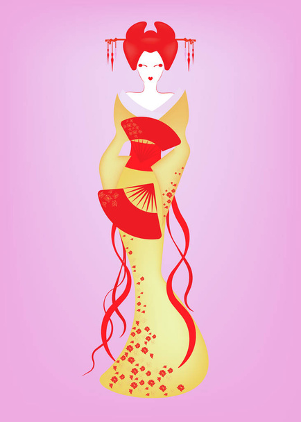 Векторная иллюстрация японский традиционный костюм гейши Кимоно с рисунком красочных цветов. Персонаж в мультяшном стиле, гейша аниме, манга стиль, красивая женщина в традиционном платье, этническая атласная одежда декоративной. Векторное аниме
  - Вектор,изображение