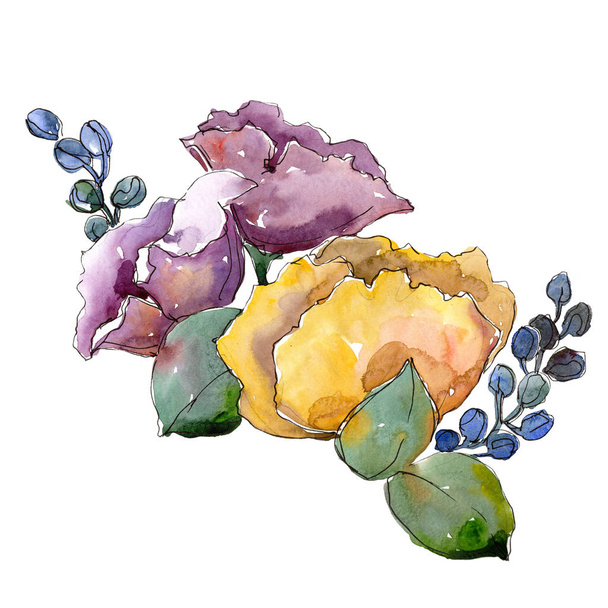 Renkli buket. Botanik çiçek. Vahşi bahar yaprak izole kır çiçeği. Arka plan, doku, sarıcı desen, çerçeve veya kenarlık için Aquarelle kır çiçeği. - Fotoğraf, Görsel
