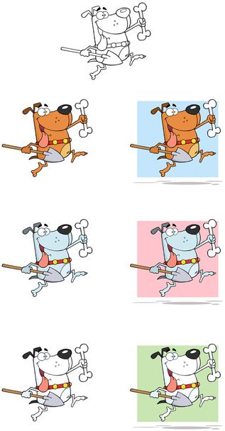 Happy Dog With Shovel and Bone Cartoon Mascot Characters- Collection - Photo, Image