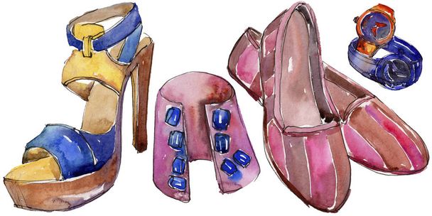 Zapatos y accesorios bosquejo moda glamour ilustración en un estilo de acuarela aislado. Bosquejo de moda Aquarelle para fondo, textura, patrón de envoltura, marco o borde
. - Foto, Imagen