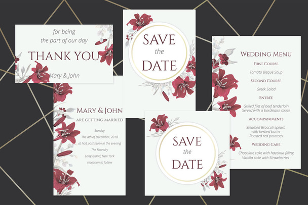Set bruiloft kaarten met wijn lelies - Vector, afbeelding
