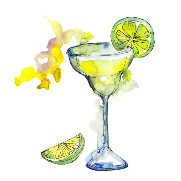 Margarita bar party cocktail drink. Alcohol in glass set, restaurant menu illustration. Aquarelle cocktail drink illustration for background, texture, wrapper pattern, frame or border. - Photo, Image
