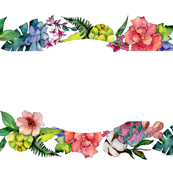 Tropical bouquet flower. Floral botanical flower. Frame border ornament square. Aquarelle wildflower for background, texture, wrapper pattern, frame or border. - Photo, Image
