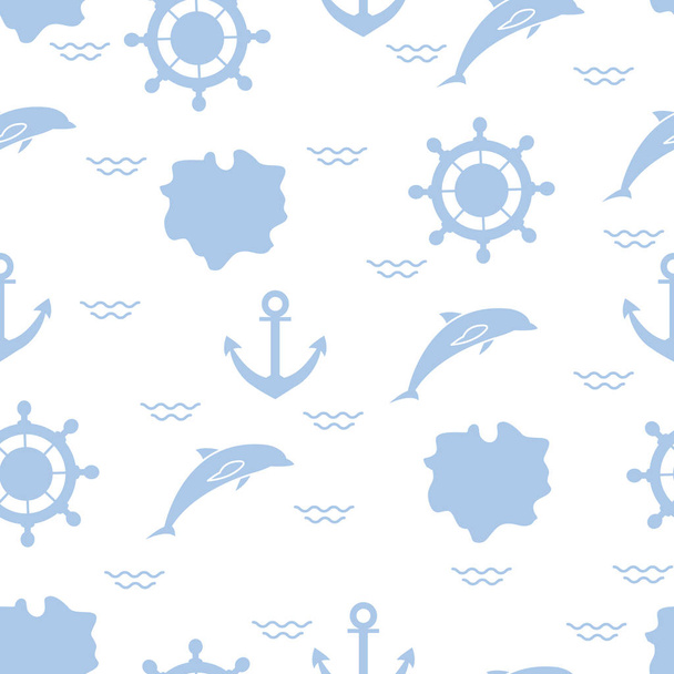 Seamless pattern with dolphins, anchors, steering wheels, waves, islands. Summer leisure. - Vector, afbeelding